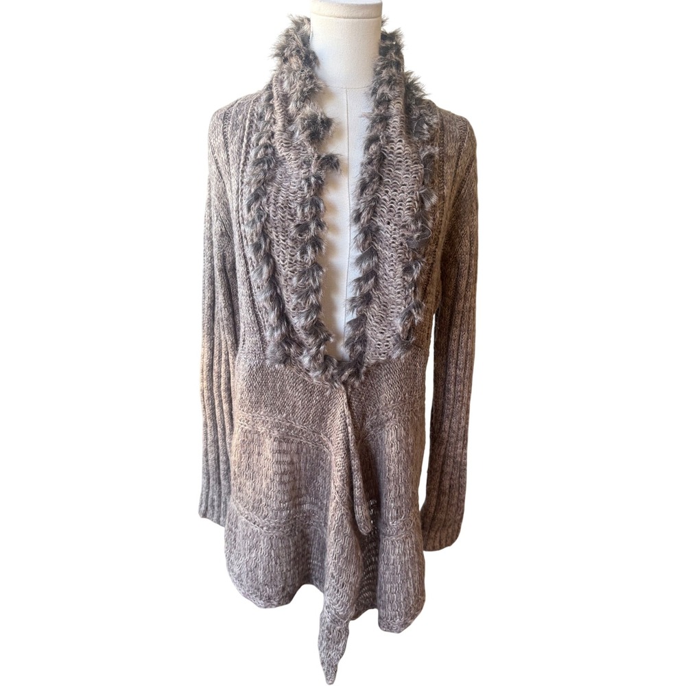 RXB Wool Y2K Fur Trim Cardigan‎ Sweater Sz L Chunky Knit Long Scandi Chic Indie